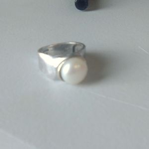 Natural pearl on sterling silver and 14k gold ring
